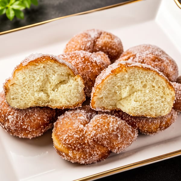 Sugar-dusted Portuguese malasadas, some halved to show their fluffy interior, on a white rectangular plate.