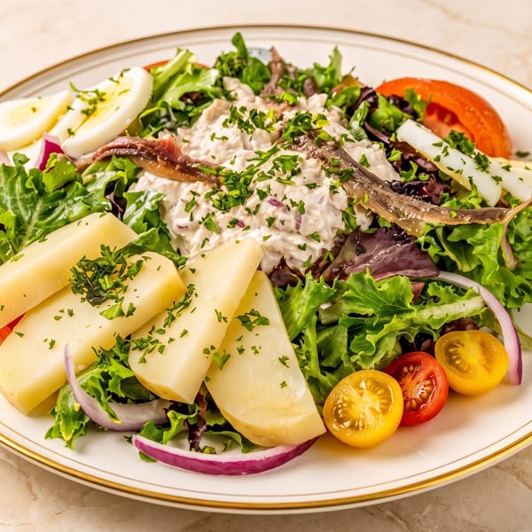 A vibrant Niçoise salad with tuna, anchovies, eggs, potatoes, tomatoes, and mixed greens.