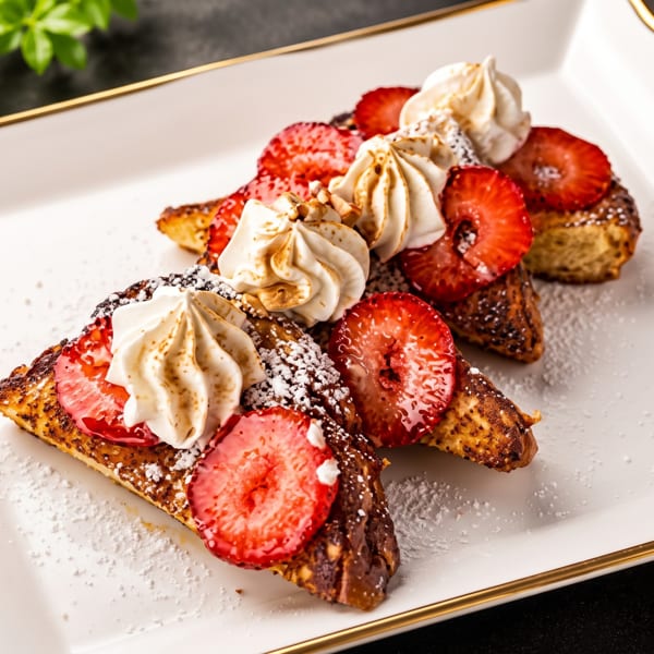 Golden French toast triangles topped with fresh strawberries, whipped cream, and powdered sugar on a white plate.