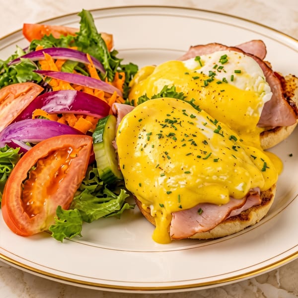 Eggs Benedict with ham and hollandaise sauce, served with a fresh side salad.